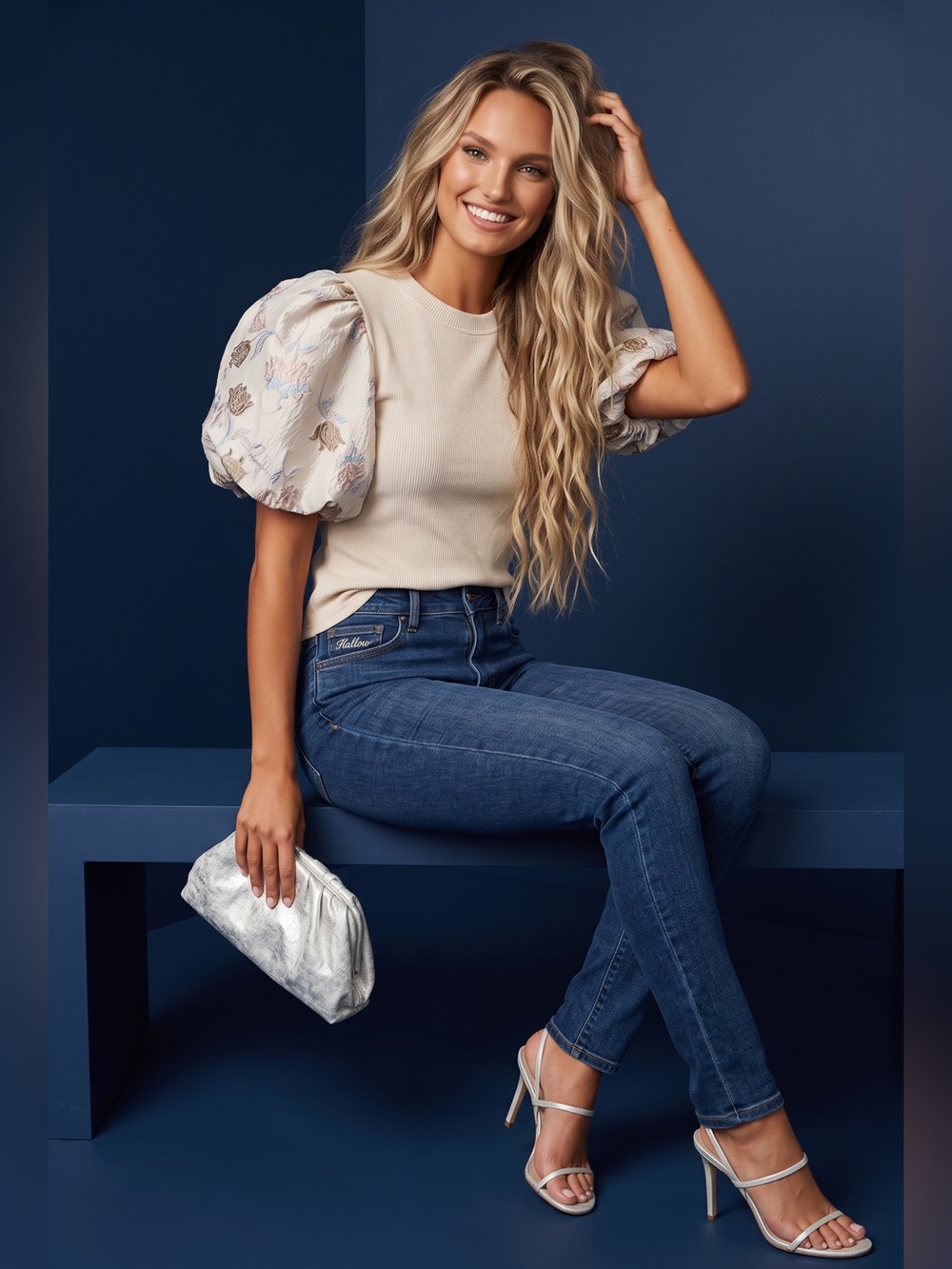 THML Cream Ribbed Top with Puff Floral Jacquard Sleeves